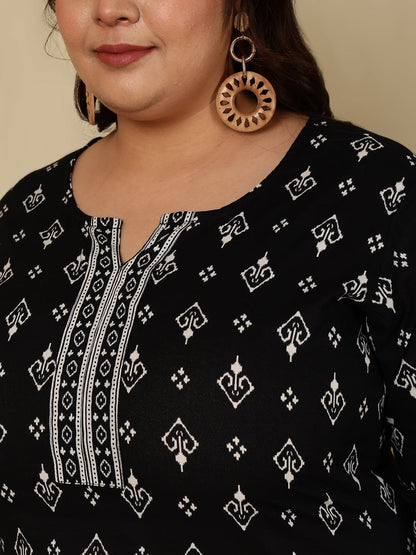 Plus Size Black Printed Straight kurta