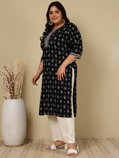 Plus Size Black Printed Straight kurta