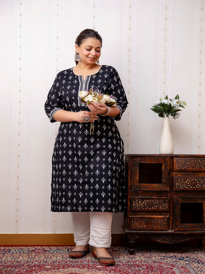 Plus Size Black Printed Straight kurta