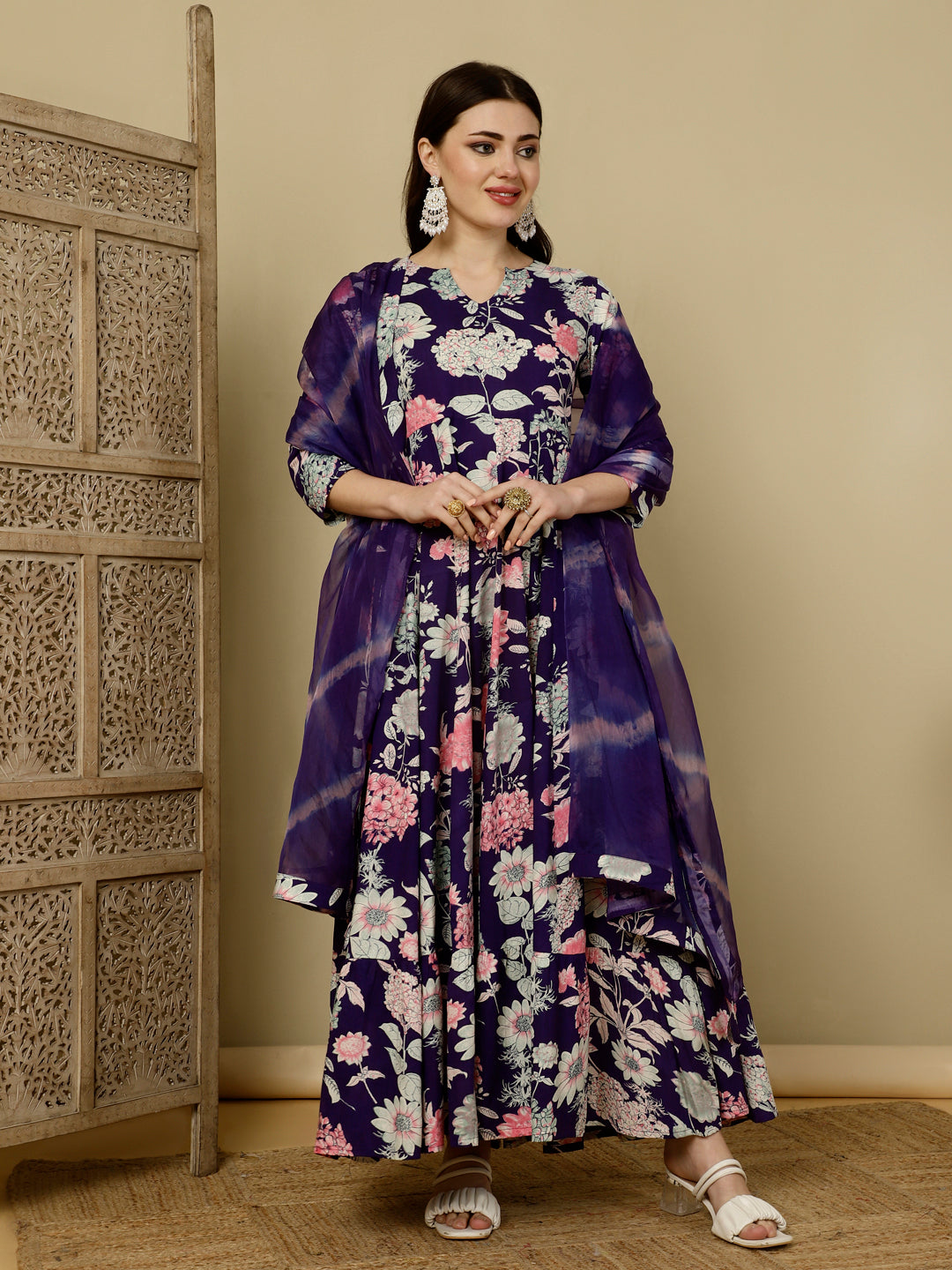 Calf Length Semi-Flared 3/4 Sleeves Round Kurta Dupatta Set