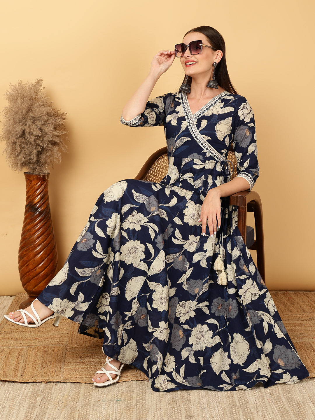 Cotton Calf Length Printed Flared 3/4 Sleeves Round Neck Gown