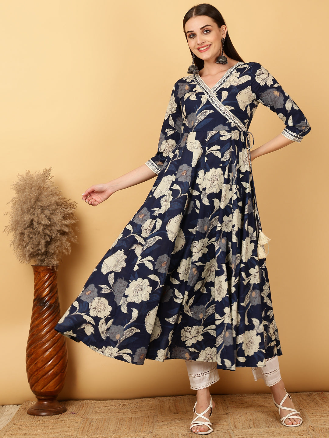 Cotton Calf Length Printed Flared 3/4 Sleeves Round Neck Gown