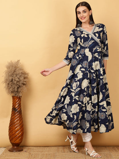 Cotton Calf Length Printed Flared 3/4 Sleeves Round Neck Gown