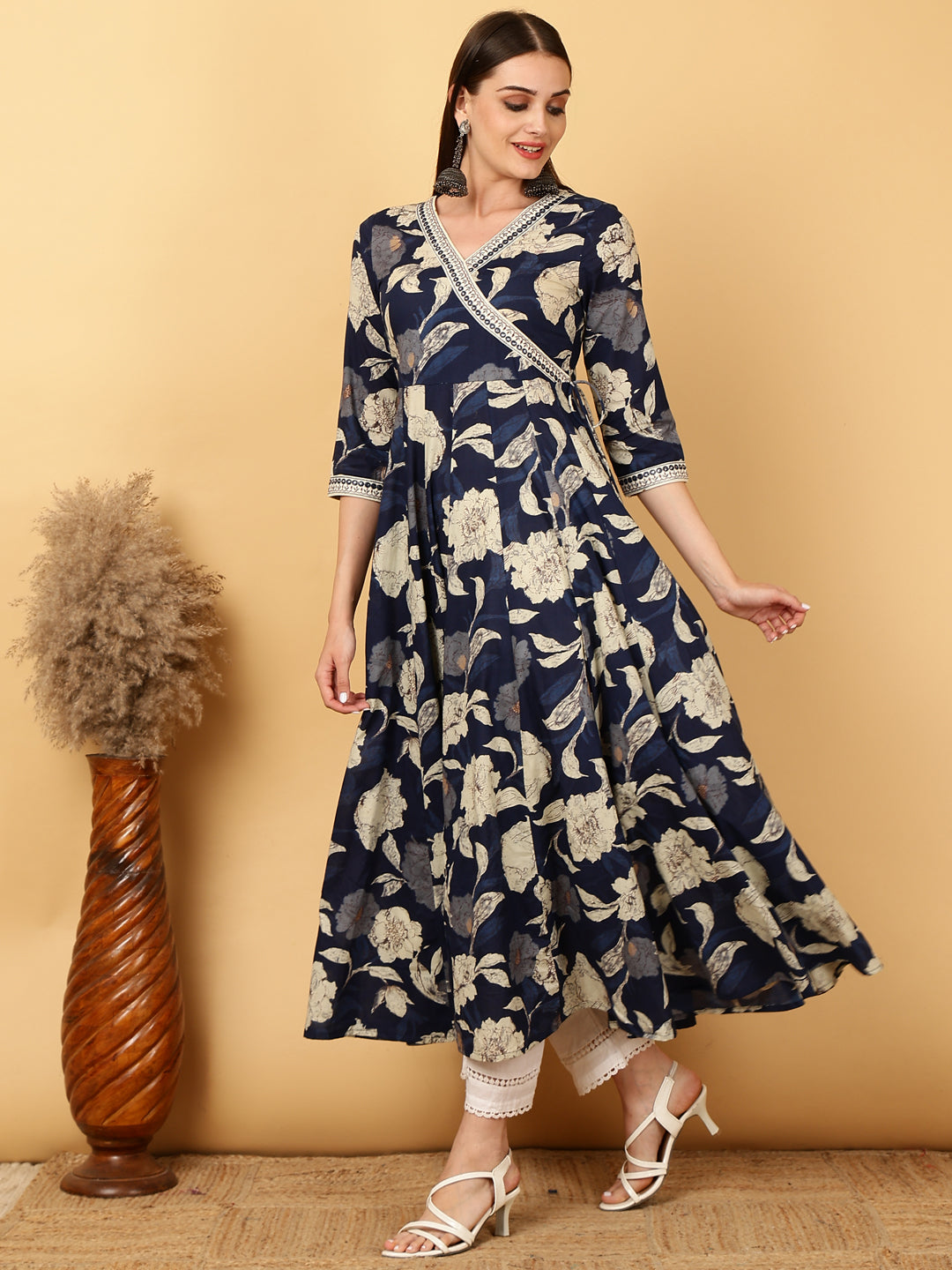 Cotton Calf Length Printed Flared 3/4 Sleeves Round Neck Gown