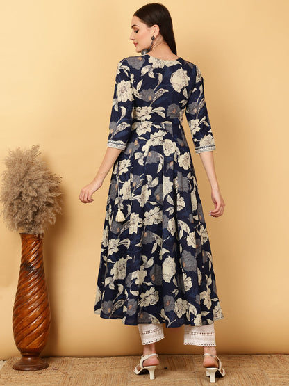 Cotton Calf Length Printed Flared 3/4 Sleeves Round Neck Gown