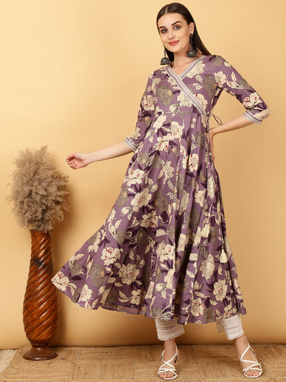 Cotton Calf Length Printed Flared 3/4 Sleeves Round Neck Gown