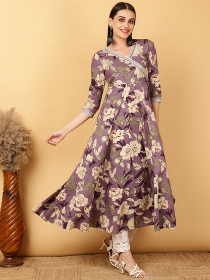 Cotton Calf Length Printed Flared 3/4 Sleeves Round Neck Gown