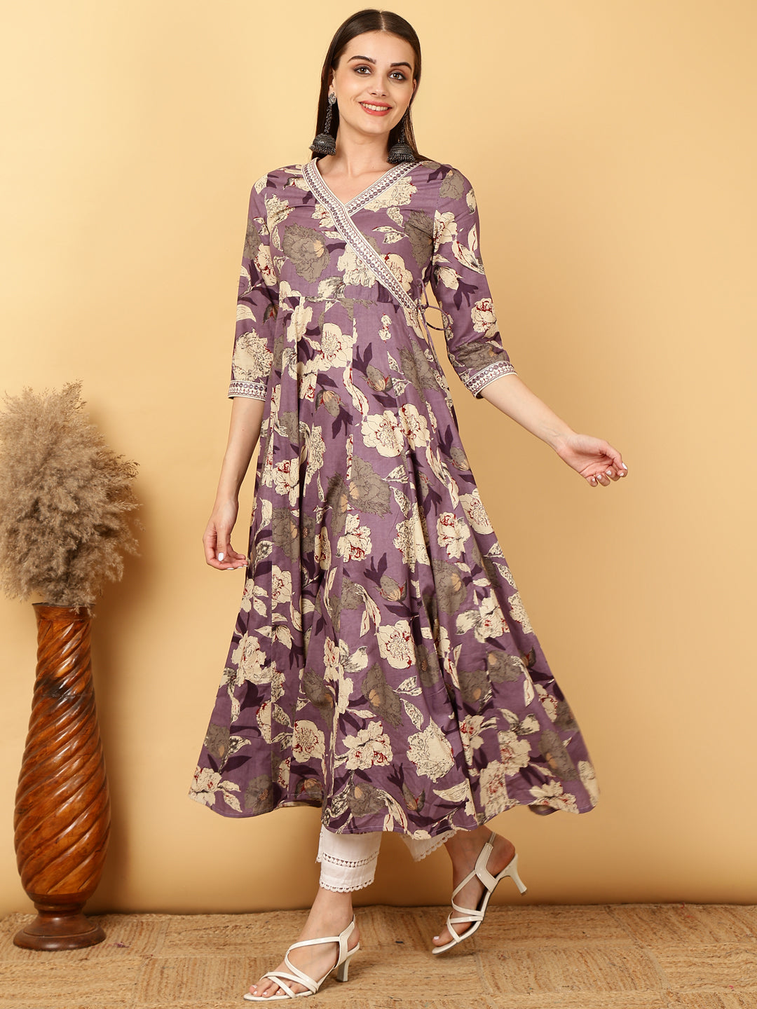 Cotton Calf Length Printed Flared 3/4 Sleeves Round Neck Gown