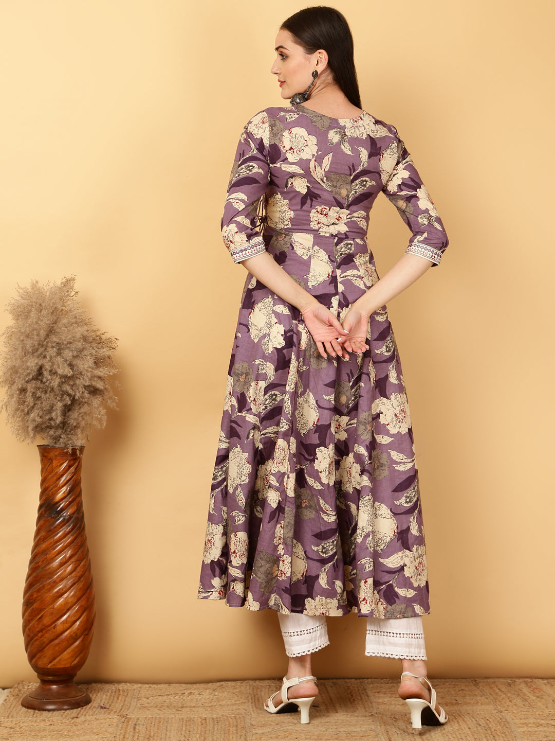 Cotton Calf Length Printed Flared 3/4 Sleeves Round Neck Gown