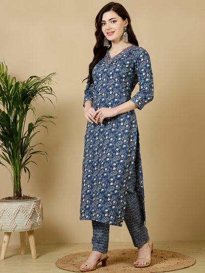 Calf Length Straight 3/4 Sleeves V Kurta Bottom Set