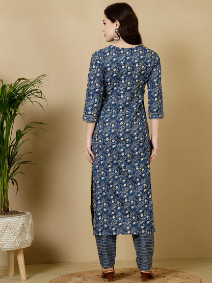 Calf Length Straight 3/4 Sleeves V Kurta Bottom Set