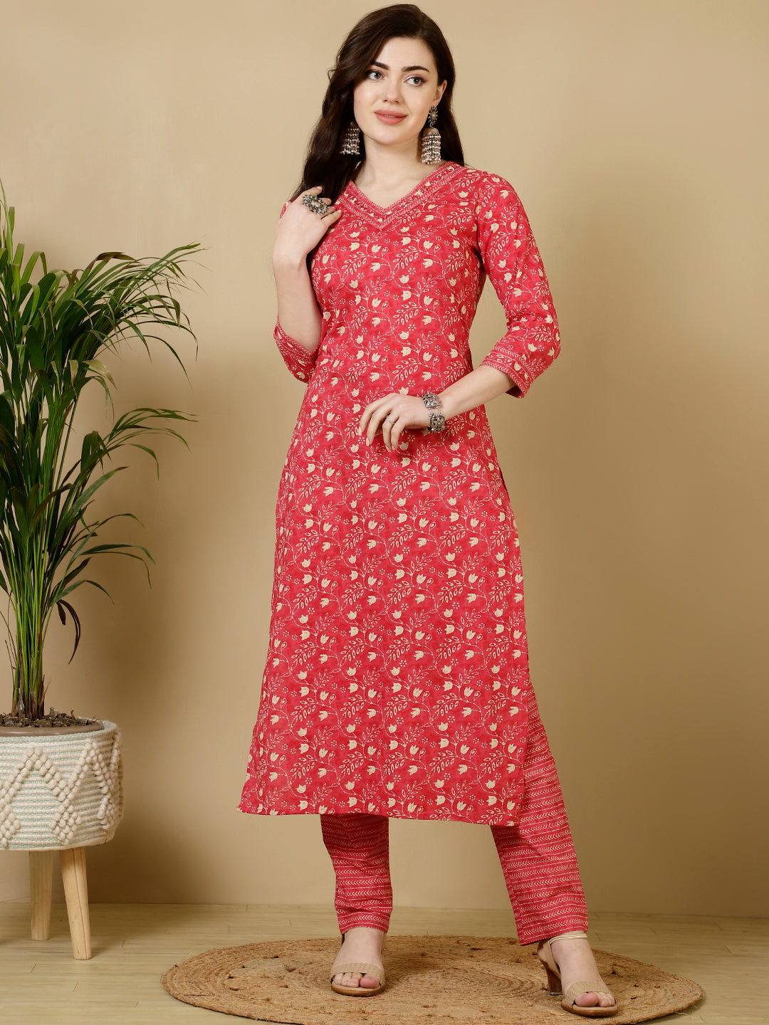 Calf Length Straight 3/4 Sleeves V Kurta Bottom Set