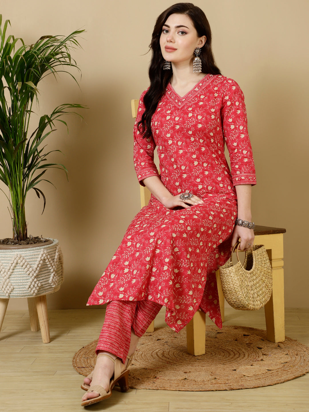 Calf Length Straight 3/4 Sleeves V Kurta Bottom Set