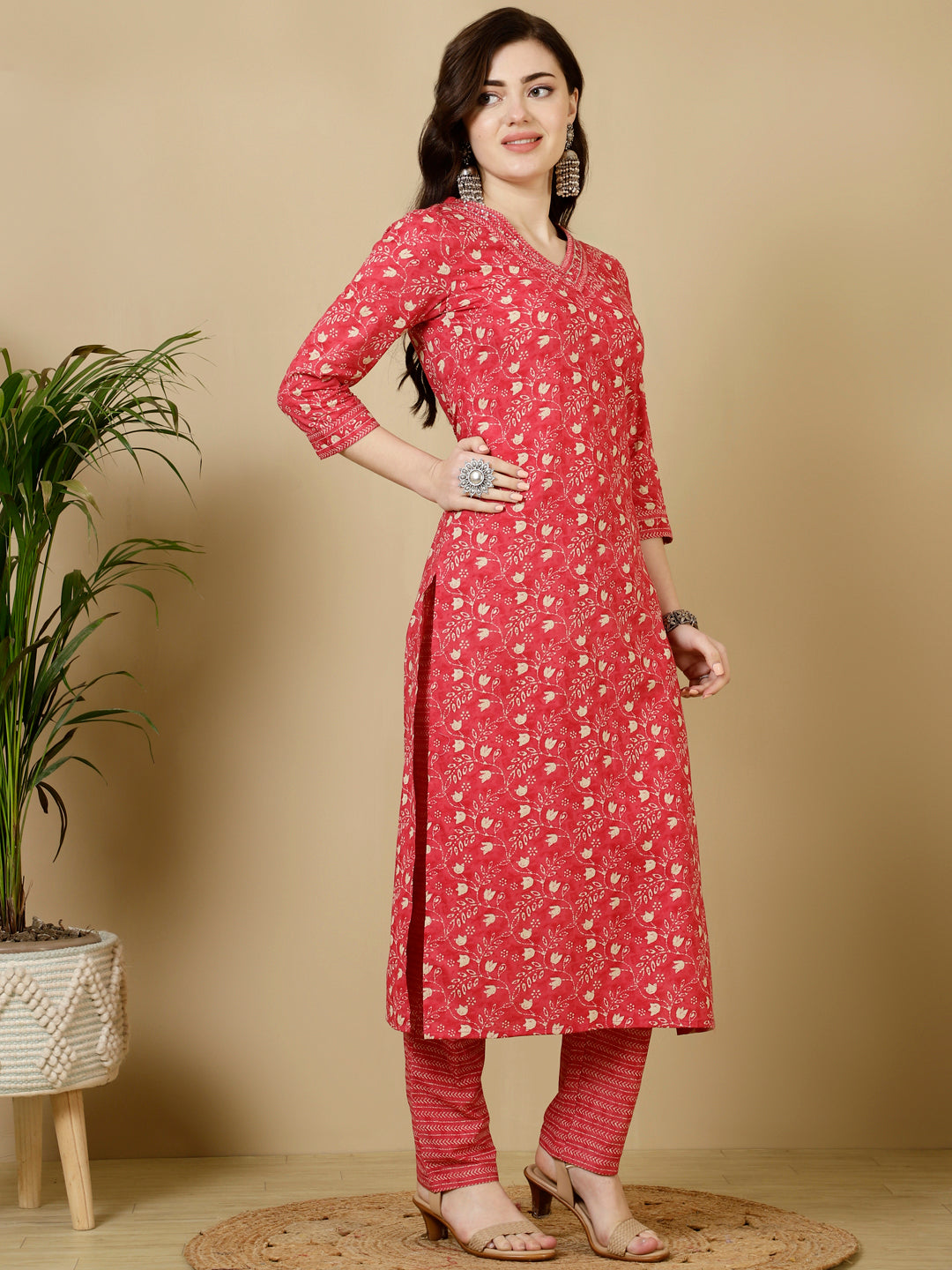 Calf Length Straight 3/4 Sleeves V Kurta Bottom Set