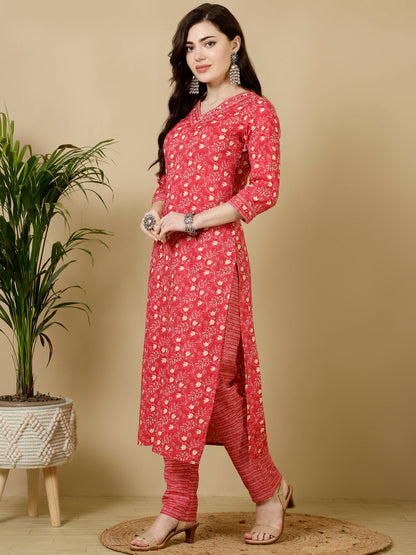 Calf Length Straight 3/4 Sleeves V Kurta Bottom Set