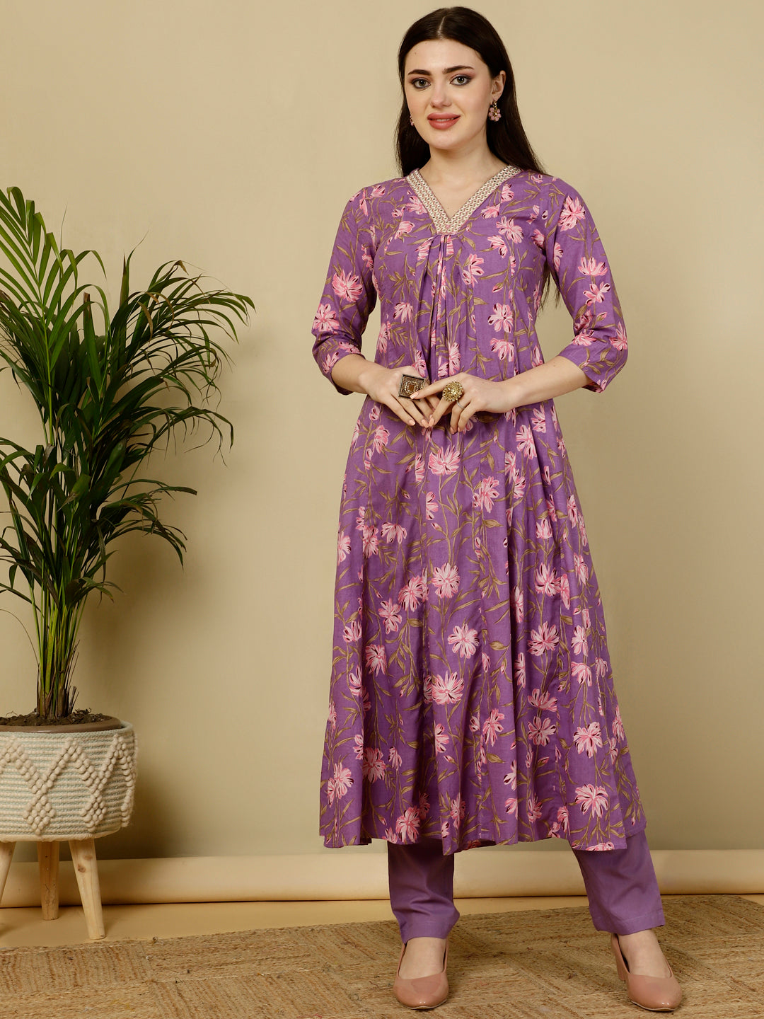 Calf Length Semi-Flared 3/4 Sleeves V Kurta Bottom Dupatta Set