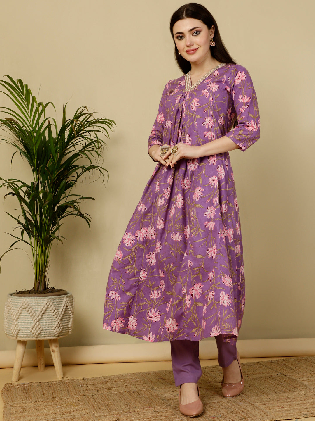 Calf Length Semi-Flared 3/4 Sleeves V Kurta Bottom Dupatta Set