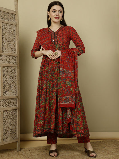 Calf Length Semi-Flared 3/4 Sleeves V Kurta Bottom Dupatta Set