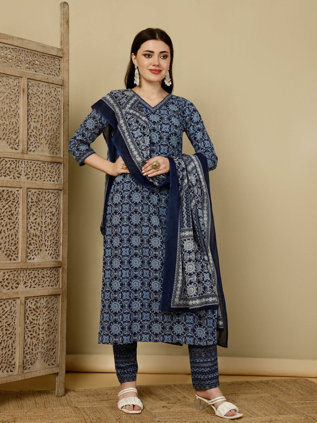 Calf Length Straight 3/4 Sleeves V Kurta Bottom Dupatta Set