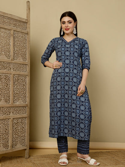 Calf Length Straight 3/4 Sleeves V Kurta Bottom Dupatta Set