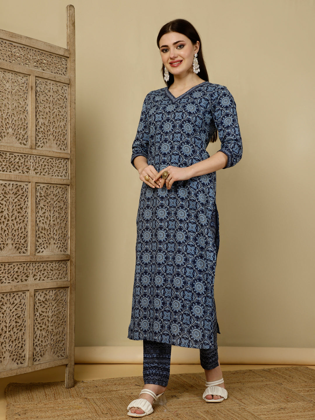 Calf Length Straight 3/4 Sleeves V Kurta Bottom Dupatta Set