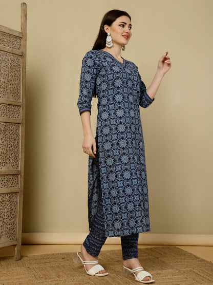 Calf Length Straight 3/4 Sleeves V Kurta Bottom Dupatta Set