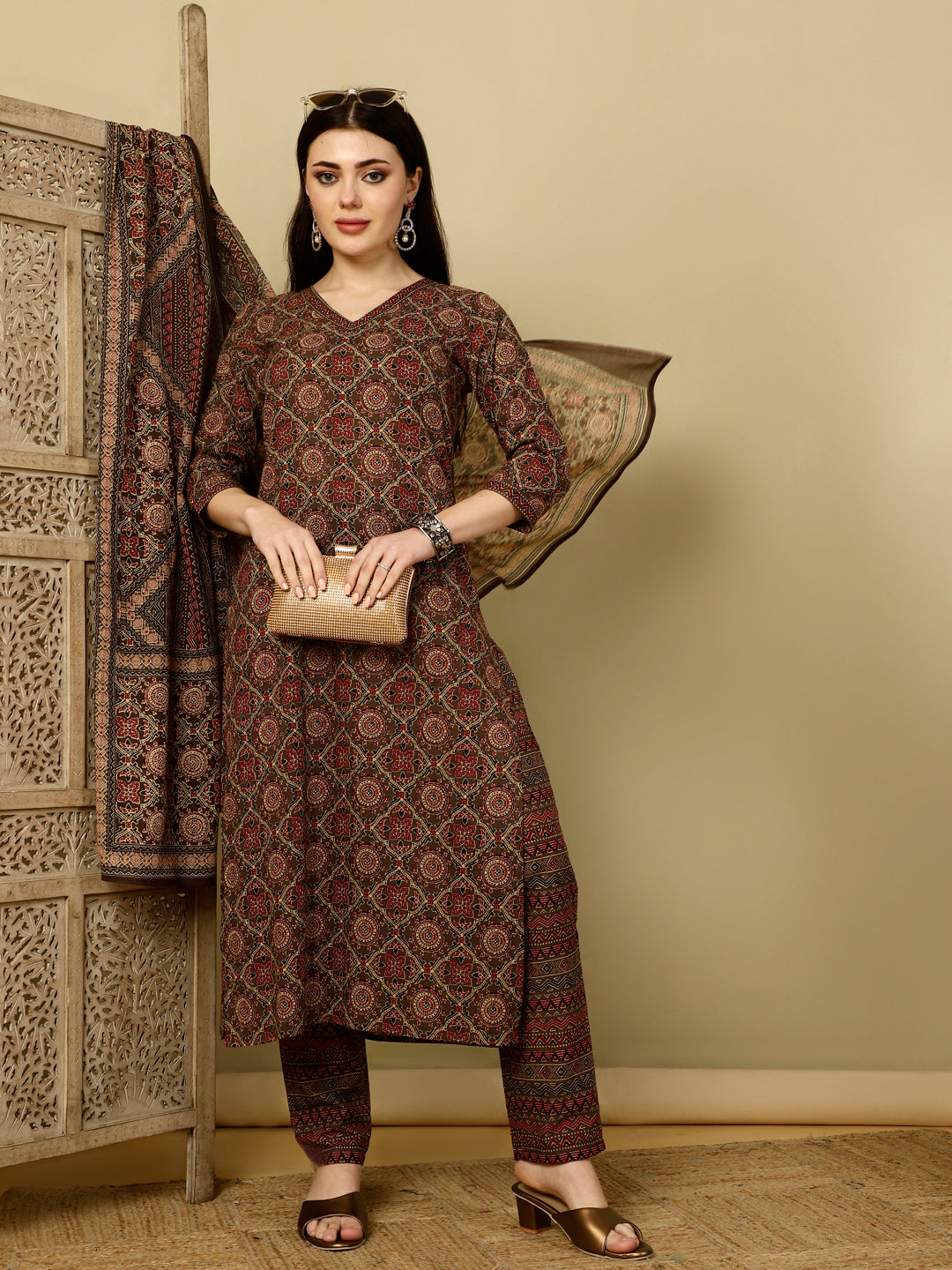 Calf Length Straight 3/4 Sleeves V Kurta Bottom Dupatta Set