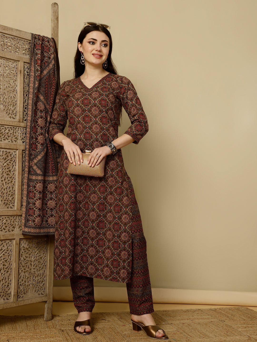 Calf Length Straight 3/4 Sleeves V Kurta Bottom Dupatta Set