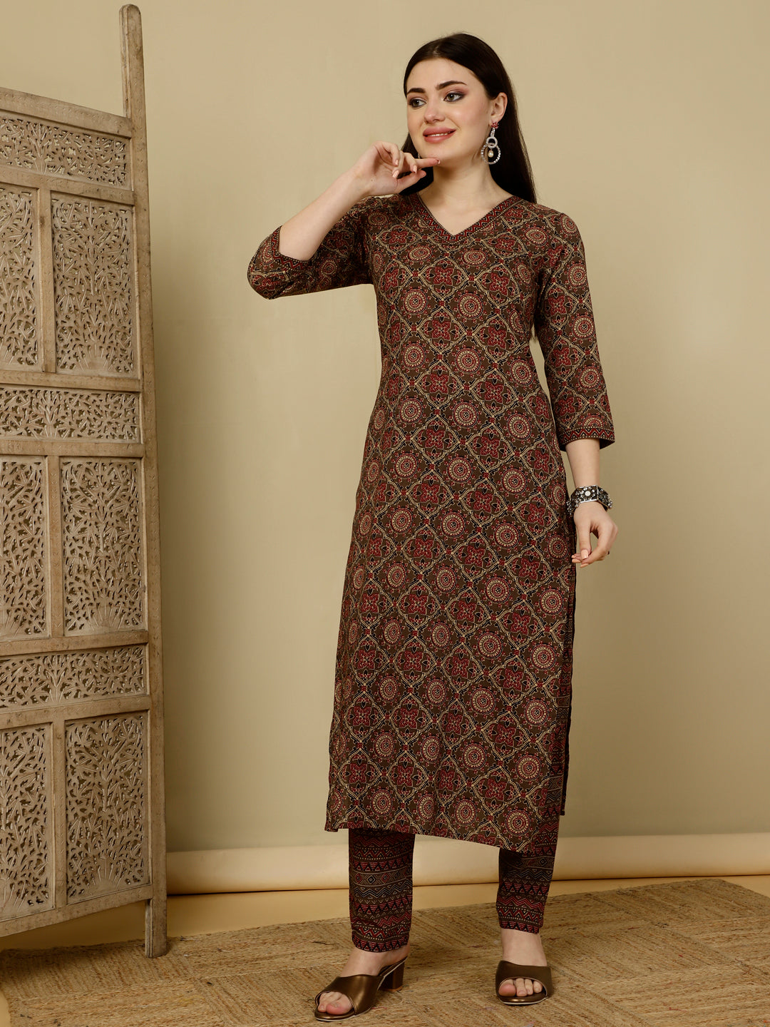 Calf Length Straight 3/4 Sleeves V Kurta Bottom Dupatta Set