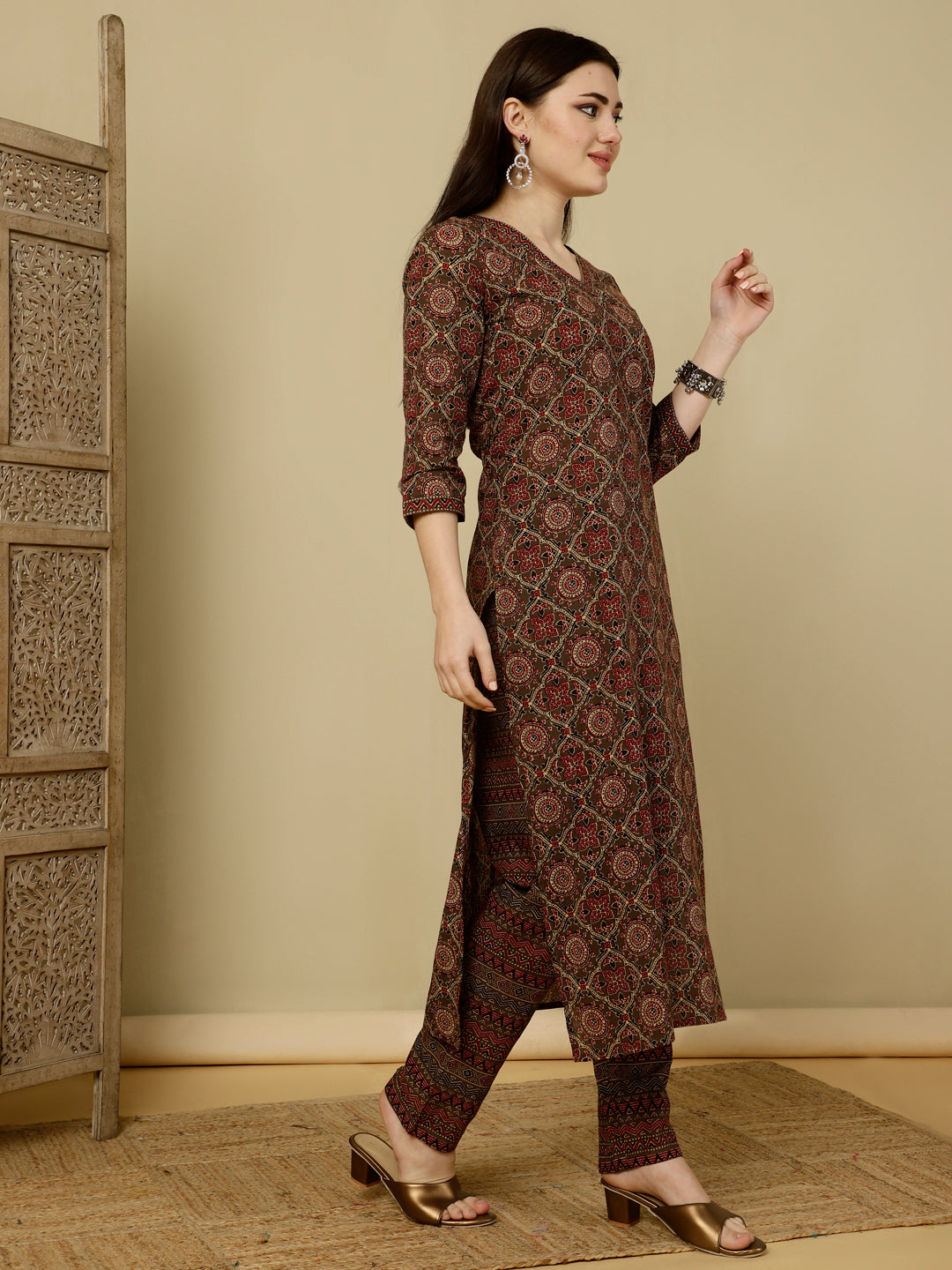 Calf Length Straight 3/4 Sleeves V Kurta Bottom Dupatta Set