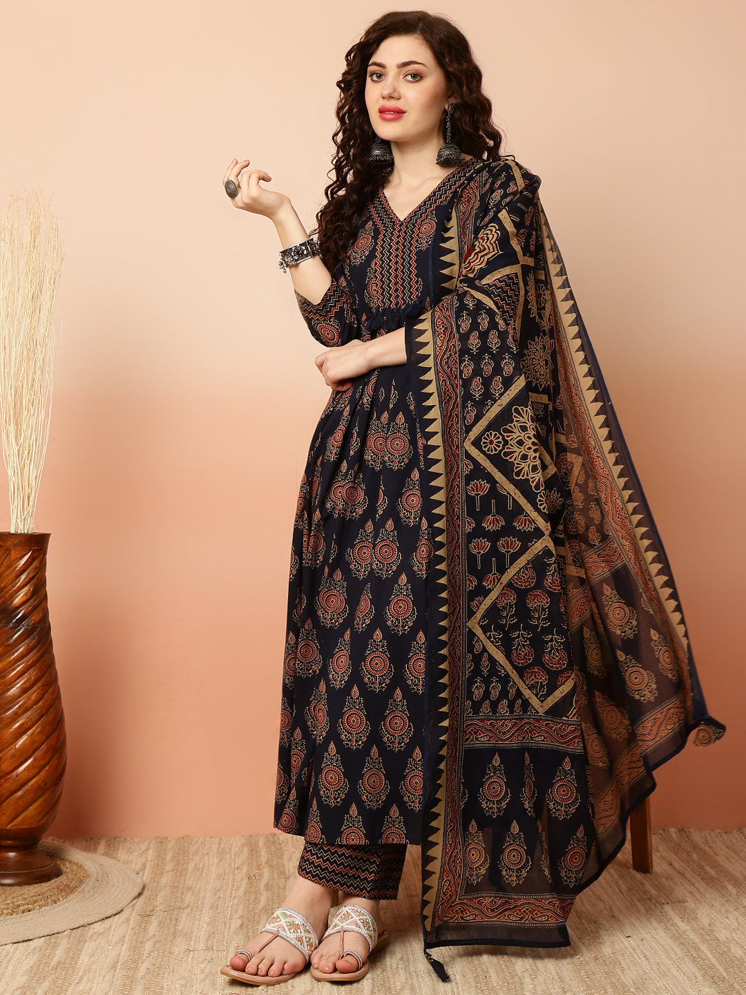 Calf Length Semi-Flared 3/4 Sleeves V Kurta Bottom Dupatta Set