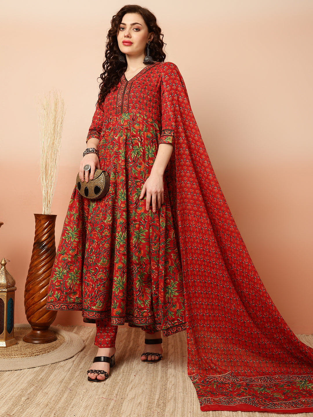 Calf Length Flared 3/4 Sleeves V Kurta Bottom Dupatta Set