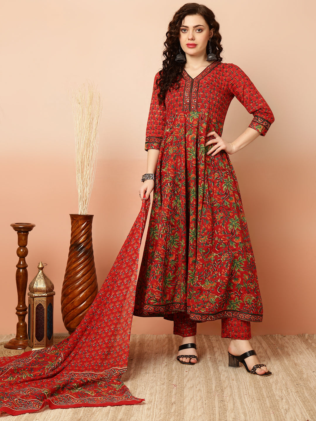 Calf Length Flared 3/4 Sleeves V Kurta Bottom Dupatta Set