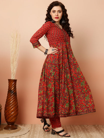 Calf Length Flared 3/4 Sleeves V Kurta Bottom Dupatta Set