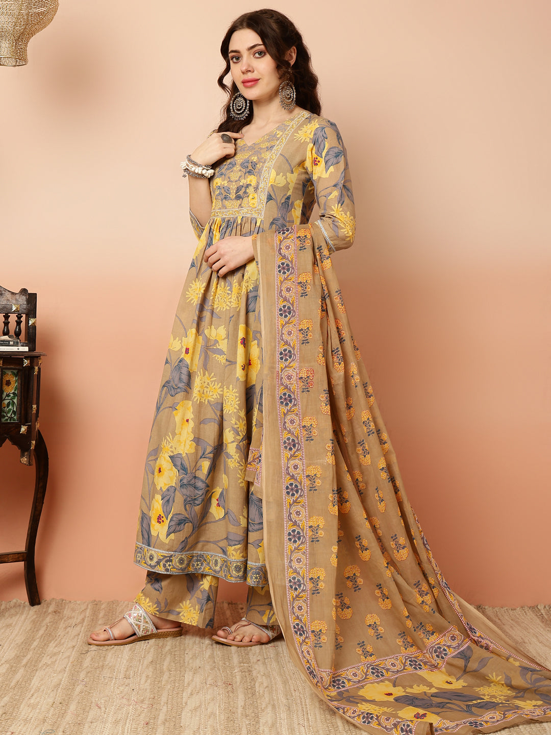 Calf Length Flared 3/4 Sleeves Round Kurta Bottom Dupatta Set