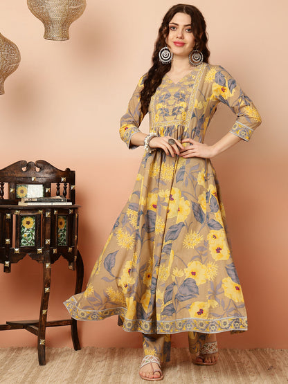 Calf Length Flared 3/4 Sleeves Round Kurta Bottom Dupatta Set