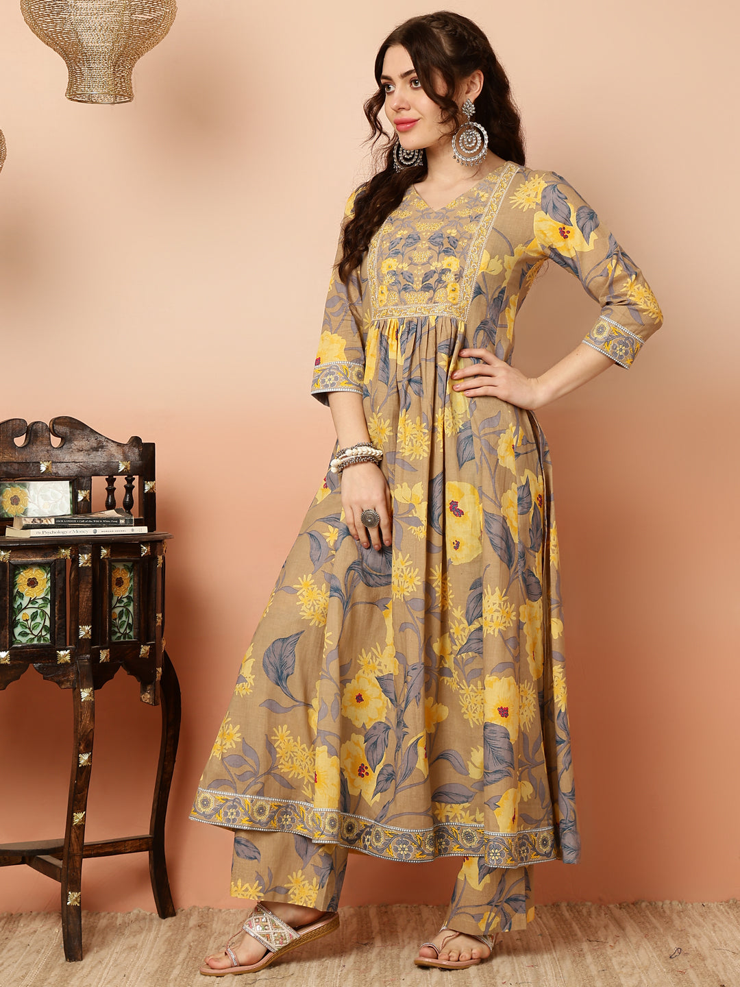 Calf Length Flared 3/4 Sleeves Round Kurta Bottom Dupatta Set