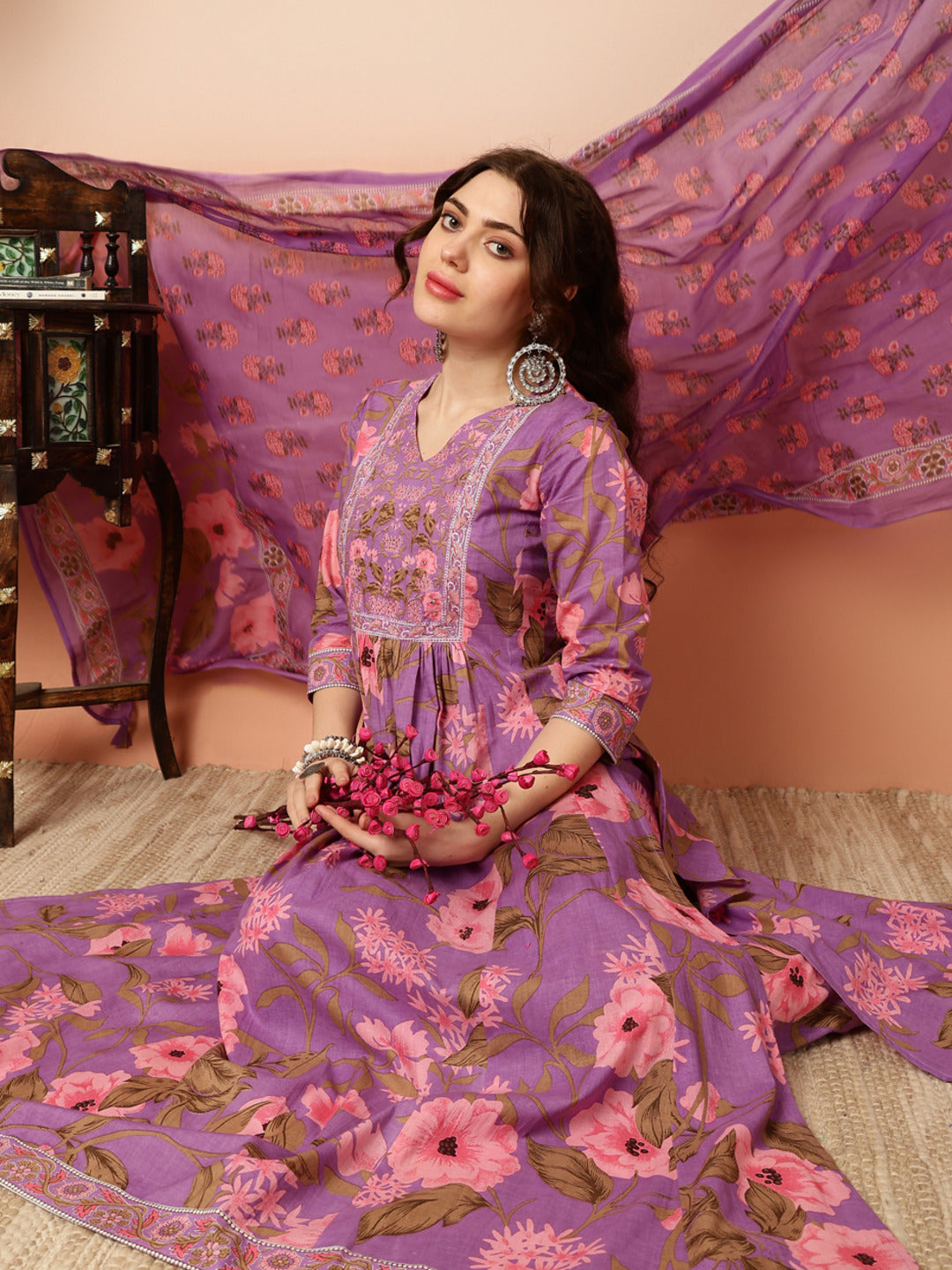 Calf Length Flared 3/4 Sleeves Round Kurta Bottom Dupatta Set