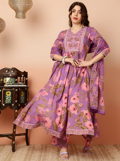 Calf Length Flared 3/4 Sleeves Round Kurta Bottom Dupatta Set