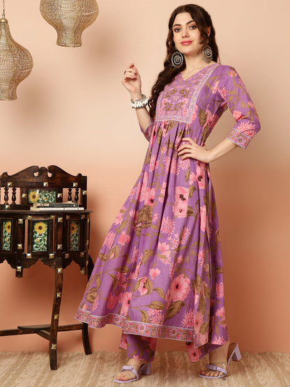 Calf Length Flared 3/4 Sleeves Round Kurta Bottom Dupatta Set