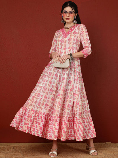 Cotton  Ankle Length Length Printed Flared 3/4 Sleeves V-Neck Kurta