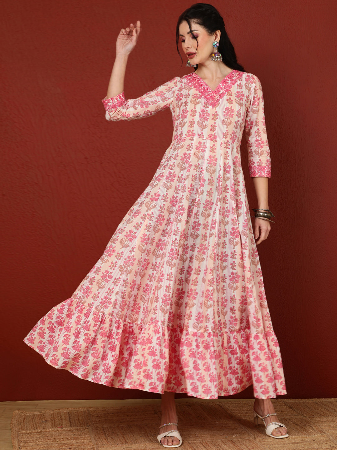 Cotton  Ankle Length Length Printed Flared 3/4 Sleeves V-Neck Kurta