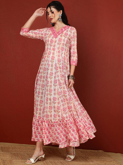 Cotton  Ankle Length Length Printed Flared 3/4 Sleeves V-Neck Kurta