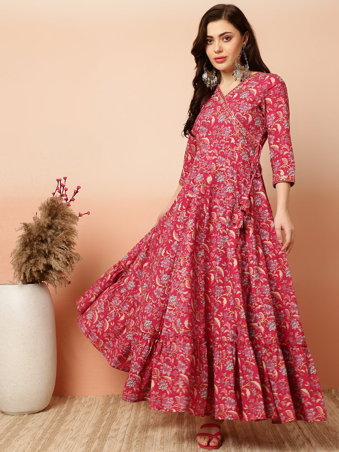 Ankle Length Flared 3/4 Sleeves V Kurta