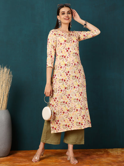 Rayon Calf Length Printed Straight 3/4 Sleeves Round Neck Kurta