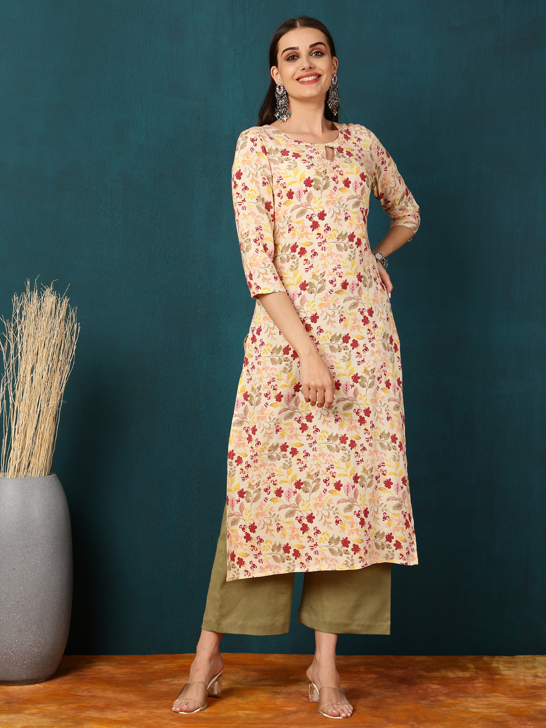 Rayon Calf Length Printed Straight 3/4 Sleeves Round Neck Kurta