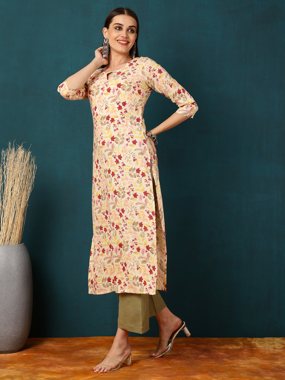 Rayon Calf Length Printed Straight 3/4 Sleeves Round Neck Kurta