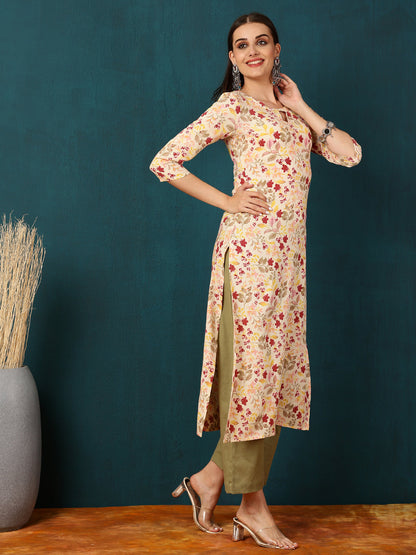 Rayon Calf Length Printed Straight 3/4 Sleeves Round Neck Kurta