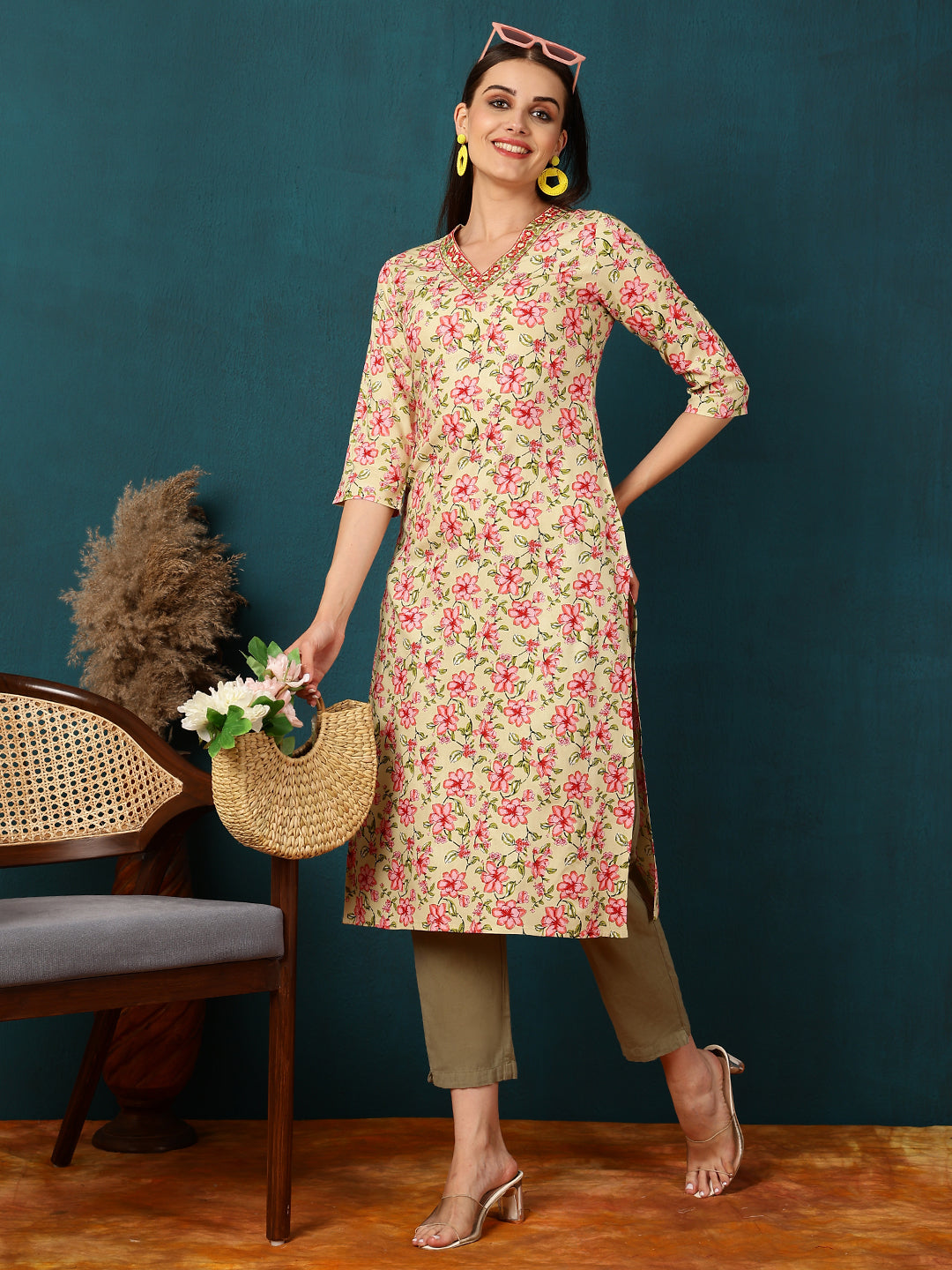 Rayon Calf Length Printed Straight 3/4 Sleeves V-Neck Kurta