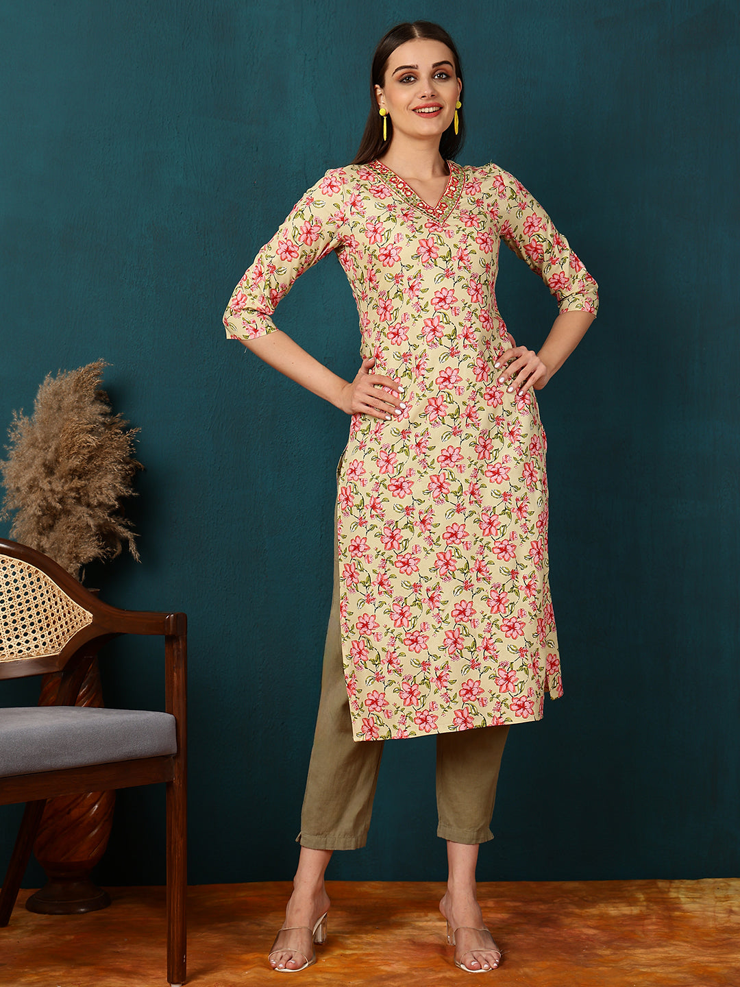 Rayon Calf Length Printed Straight 3/4 Sleeves V-Neck Kurta